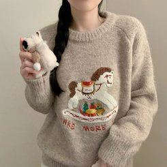 포니 긴팔 니트 패치 자수 유니콘 라운드넥 가을 가을옷 겨울 노르딕 겨울옷 베이지