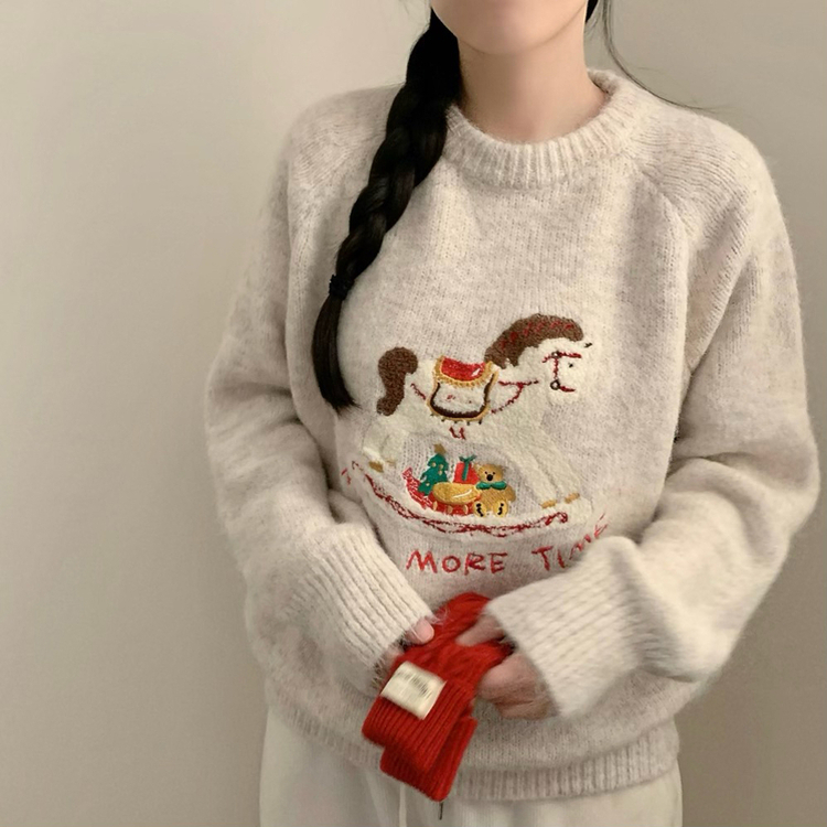 포니 긴팔 니트 패치 자수 유니콘 라운드넥 가을 가을옷 겨울 노르딕 겨울옷 아이보리