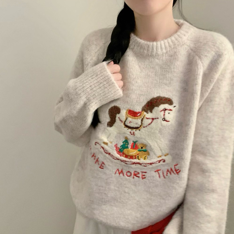포니 긴팔 니트 패치 자수 유니콘 라운드넥 가을 가을옷 겨울 노르딕 겨울옷 아이보리