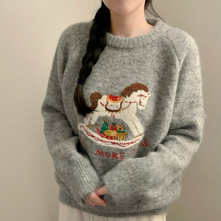 포니 긴팔 니트 패치 자수 유니콘 라운드넥 가을 가을옷 겨울 노르딕 겨울옷 그레이