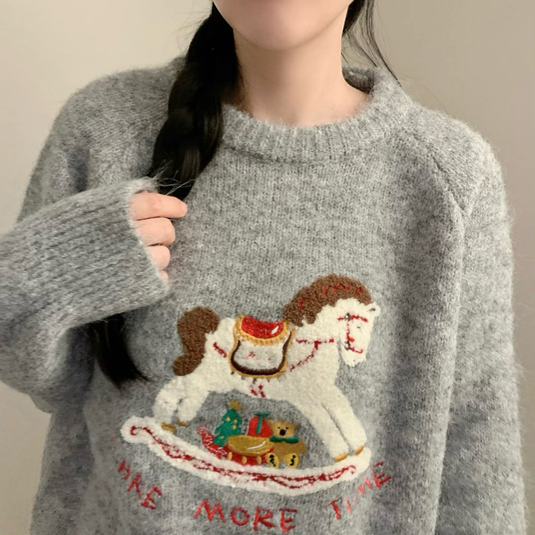 포니 긴팔 니트 패치 자수 유니콘 라운드넥 가을 가을옷 겨울 노르딕 겨울옷 그레이