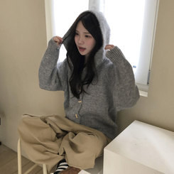 デイリーボタンフードジップアップカーディガン GREY