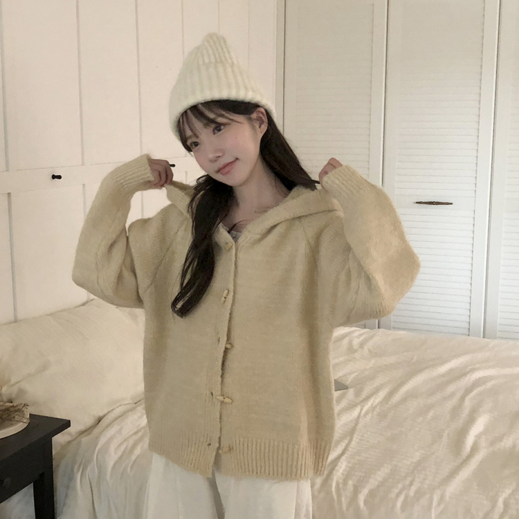 デイリーボタンフードジップアップカーディガン BEIGE