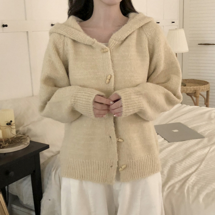 デイリーボタンフードジップアップカーディガン BEIGE