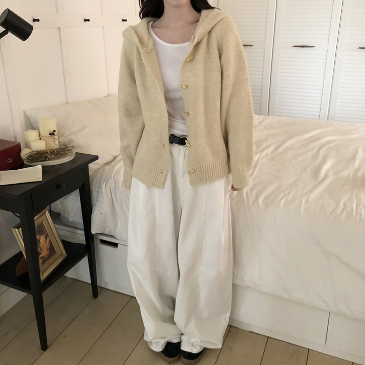 デイリーボタンフードジップアップカーディガン BEIGE