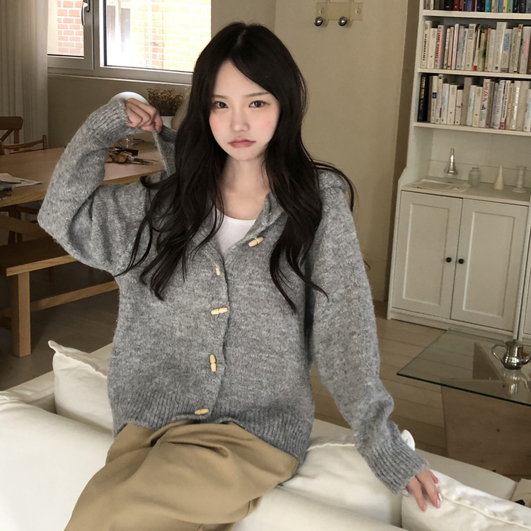 デイリーボタンフードジップアップカーディガン GREY