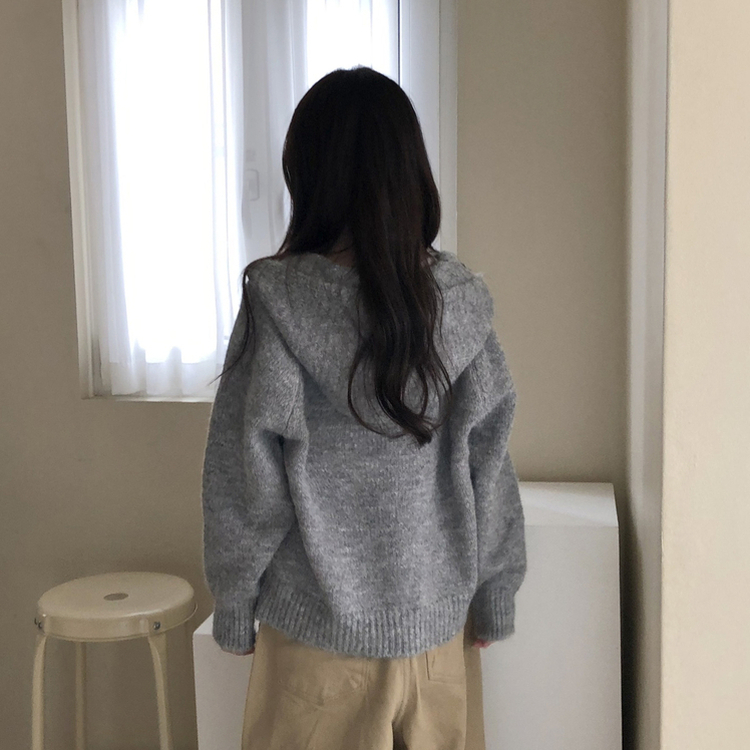 デイリーボタンフードジップアップカーディガン GREY