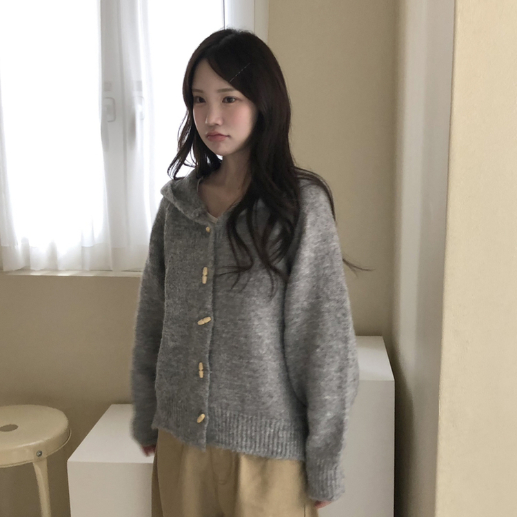 デイリーボタンフードジップアップカーディガン GREY