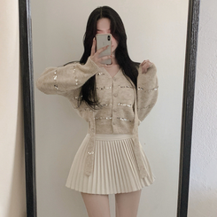 【SET マフラー付き】ニットカーディガン プリーツスカート IVORY