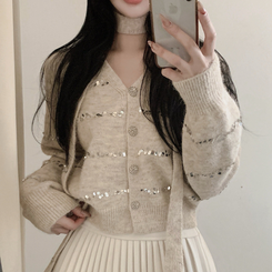 【SET マフラー付き】ニットカーディガン プリーツスカート IVORY