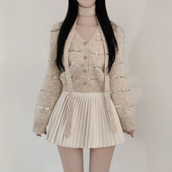 【SET マフラー付き】ニットカーディガン プリーツスカート IVORY