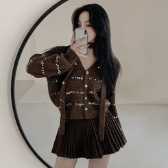 【SET マフラー付き】ニットカーディガン プリーツスカート BROWN