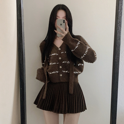 【SET マフラー付き】ニットカーディガン プリーツスカート BROWN