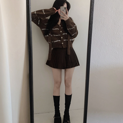 【SET マフラー付き】ニットカーディガン プリーツスカート BROWN