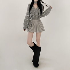 【SET マフラー付き】ニットカーディガン プリーツスカート GREY
