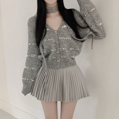 【SET マフラー付き】ニットカーディガン プリーツスカート GREY