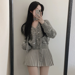 【SET マフラー付き】ニットカーディガン プリーツスカート GREY