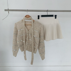 【SET マフラー付き】ニットカーディガン プリーツスカート