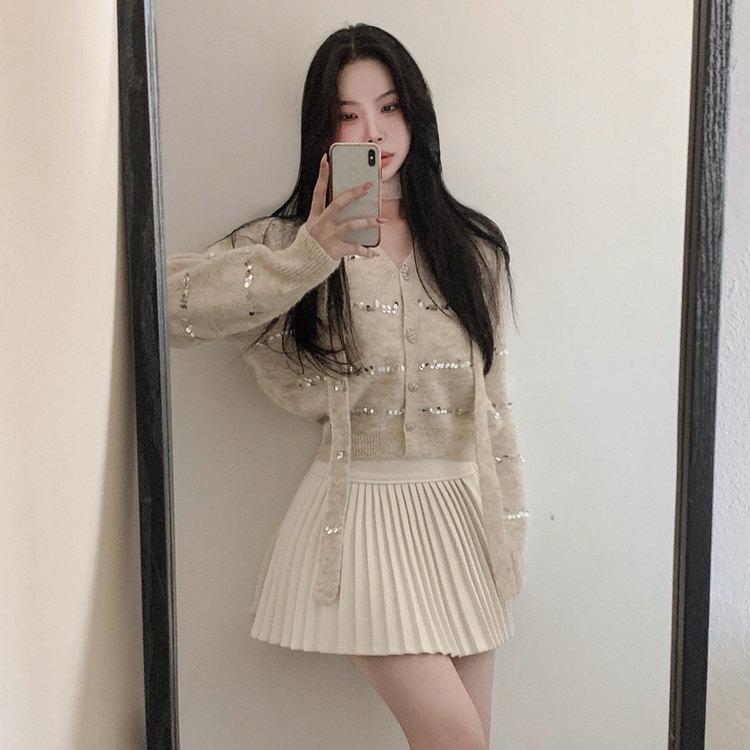 【SET マフラー付き】ニットカーディガン プリーツスカート IVORY