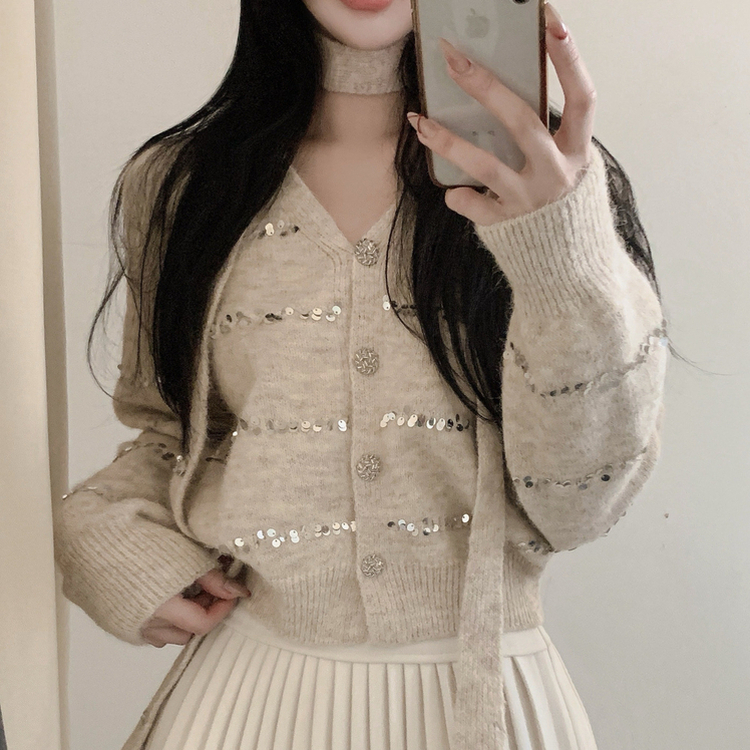 【SET マフラー付き】ニットカーディガン プリーツスカート IVORY