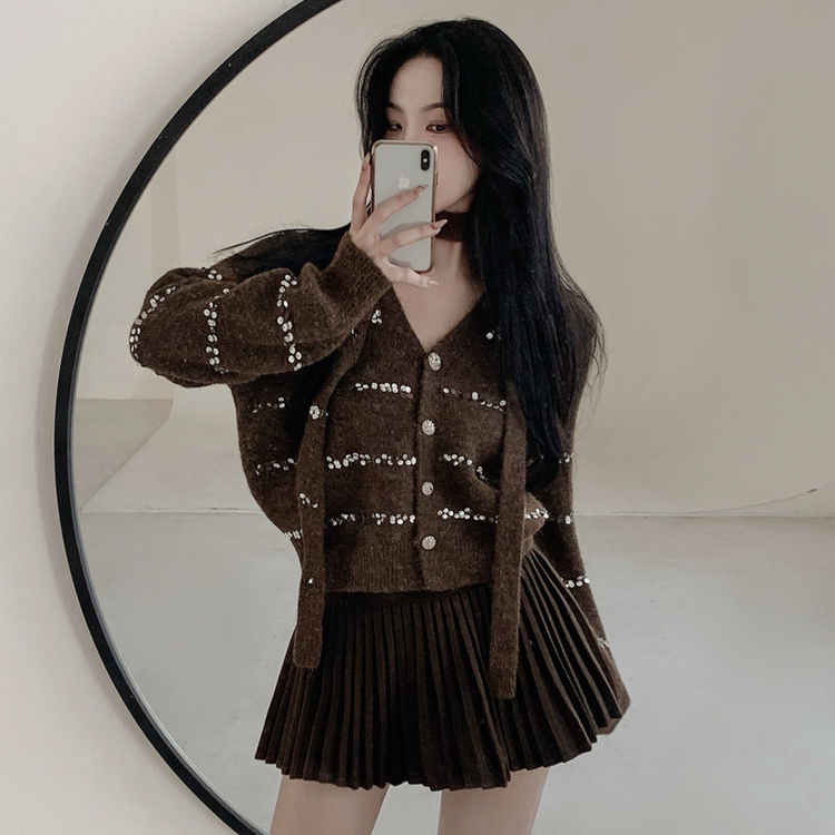 【SET マフラー付き】ニットカーディガン プリーツスカート BROWN