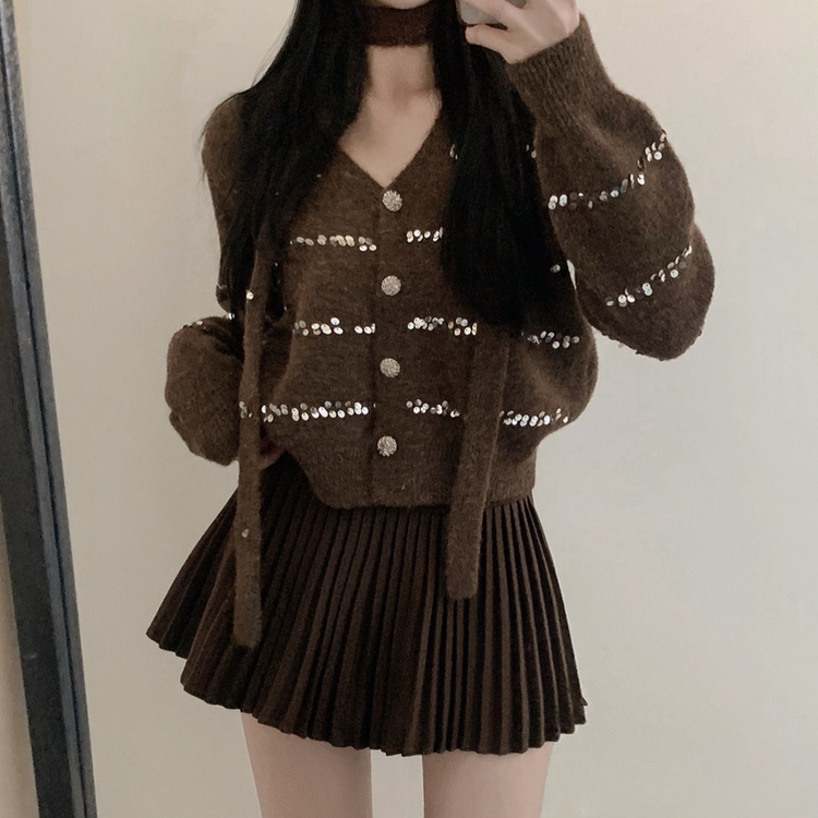 【SET マフラー付き】ニットカーディガン プリーツスカート BROWN