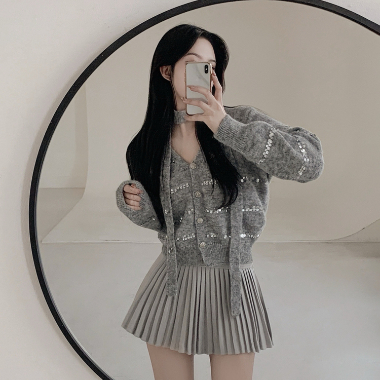 【SET マフラー付き】ニットカーディガン プリーツスカート GREY