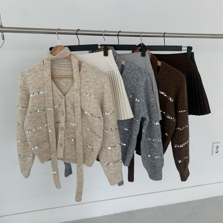 【SET マフラー付き】ニットカーディガン プリーツスカート
