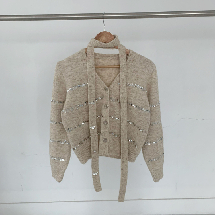 【SET マフラー付き】ニットカーディガン プリーツスカート