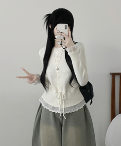 レースフリルストラップニットカーディガン IVORY