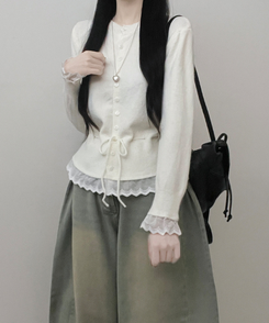 レースフリルストラップニットカーディガン IVORY
