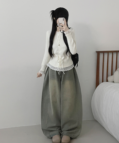 レースフリルストラップニットカーディガン IVORY