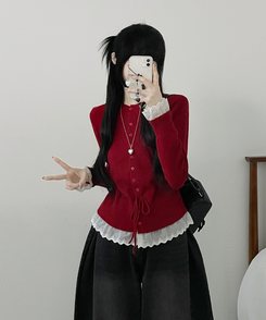 レースフリルストラップニットカーディガン RED