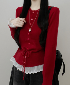 レースフリルストラップニットカーディガン RED