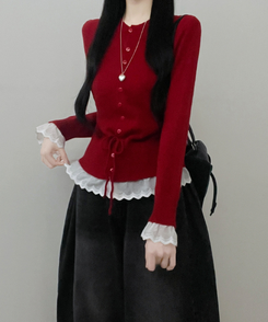 レースフリルストラップニットカーディガン RED