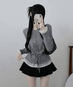 レースフリルストラップニットカーディガン GREY