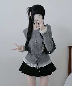 レースフリルストラップニットカーディガン GREY
