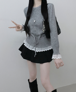 レースフリルストラップニットカーディガン GREY