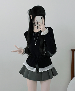 レースフリルストラップニットカーディガン BLACK