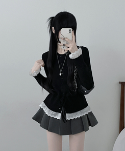 レースフリルストラップニットカーディガン BLACK