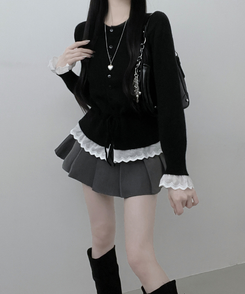 レースフリルストラップニットカーディガン BLACK