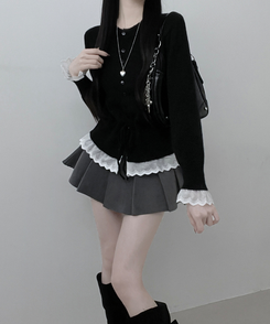 レースフリルストラップニットカーディガン BLACK