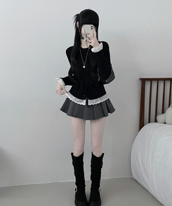 レースフリルストラップニットカーディガン BLACK