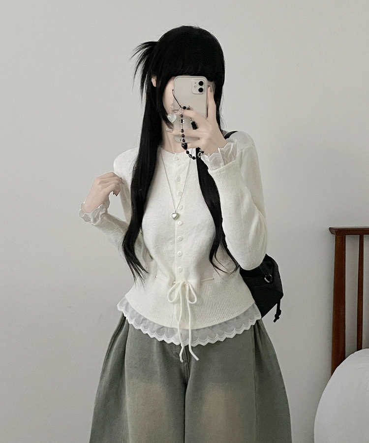 レースフリルストラップニットカーディガン IVORY