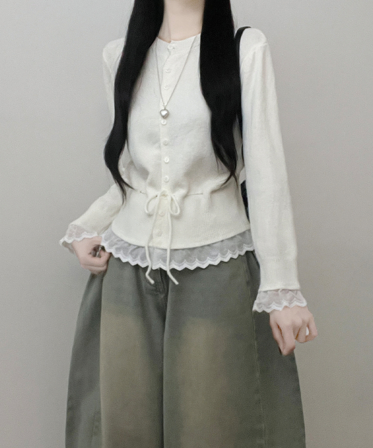 レースフリルストラップニットカーディガン IVORY