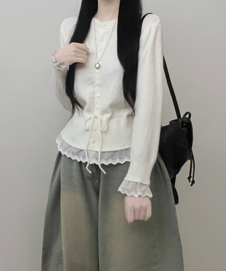 レースフリルストラップニットカーディガン IVORY