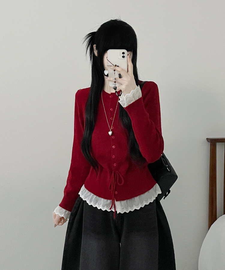 レースフリルストラップニットカーディガン RED
