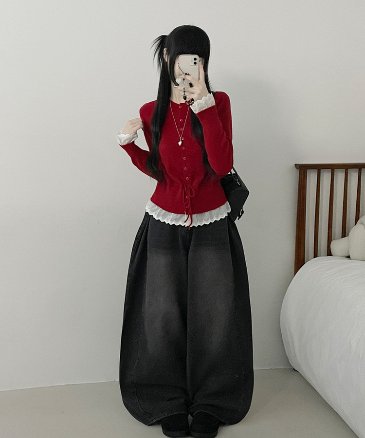 レースフリルストラップニットカーディガン RED