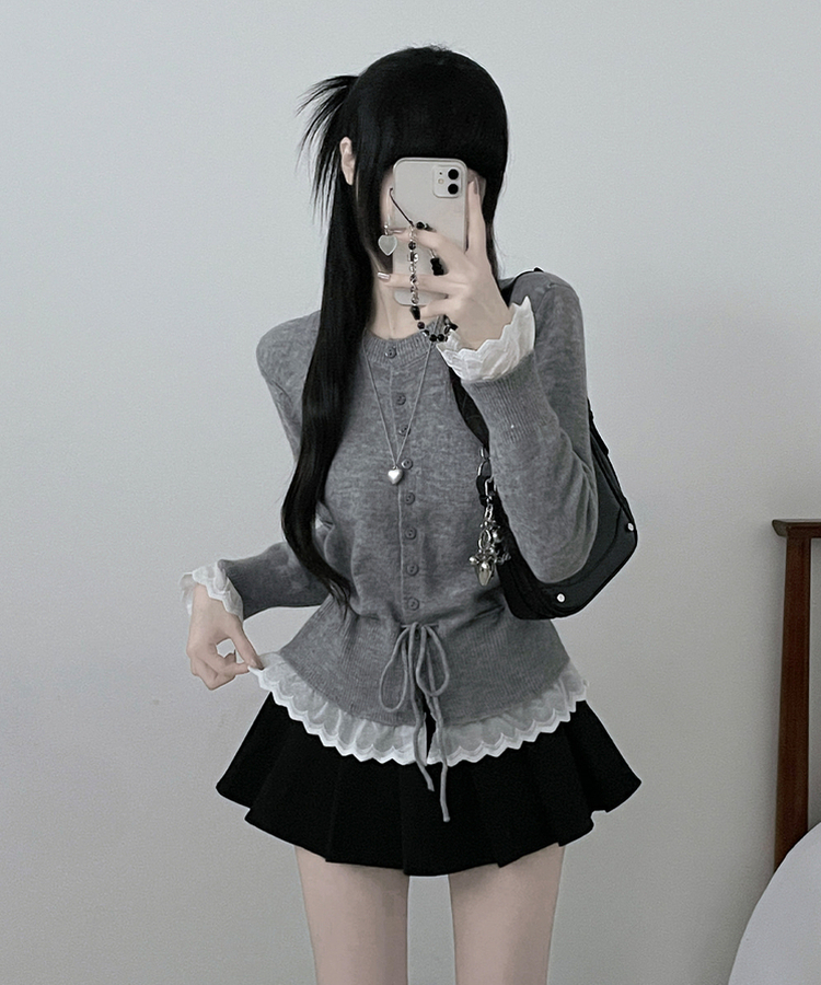 レースフリルストラップニットカーディガン GREY