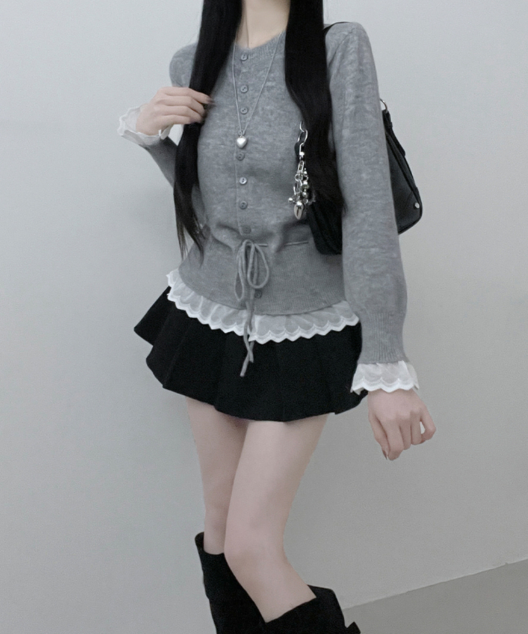 レースフリルストラップニットカーディガン GREY